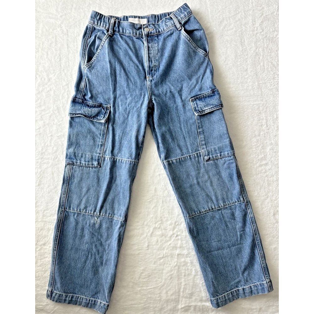 TopShop Cargo Jeans Women Size 28 Light Wash Button Fly High Rise Double‎ Knee